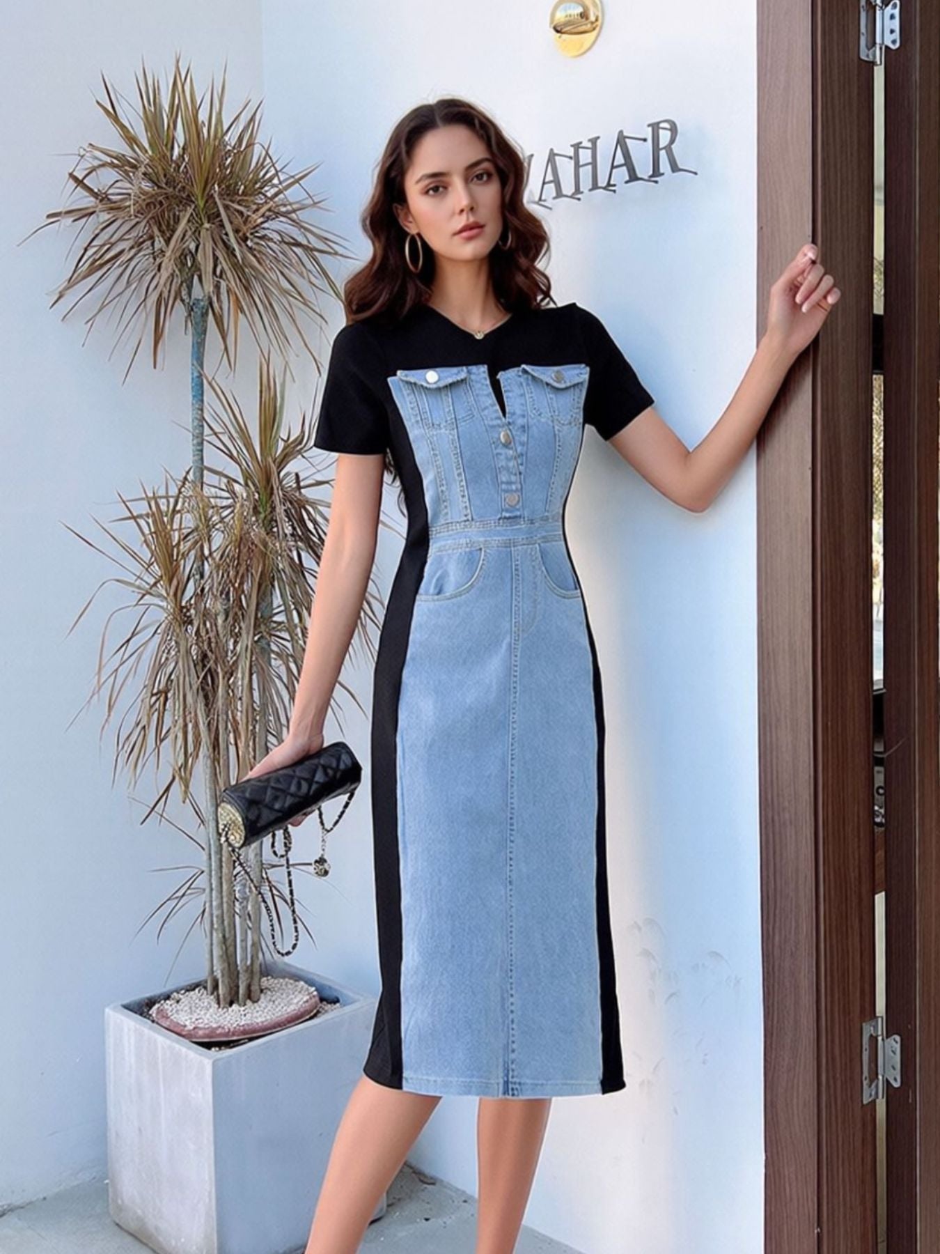 short sleeve plus size denim dress Plus Size Business Casual Work Wear Dress Denim Light Blue Button Shirt Collar Maxi Dress With Pocket
